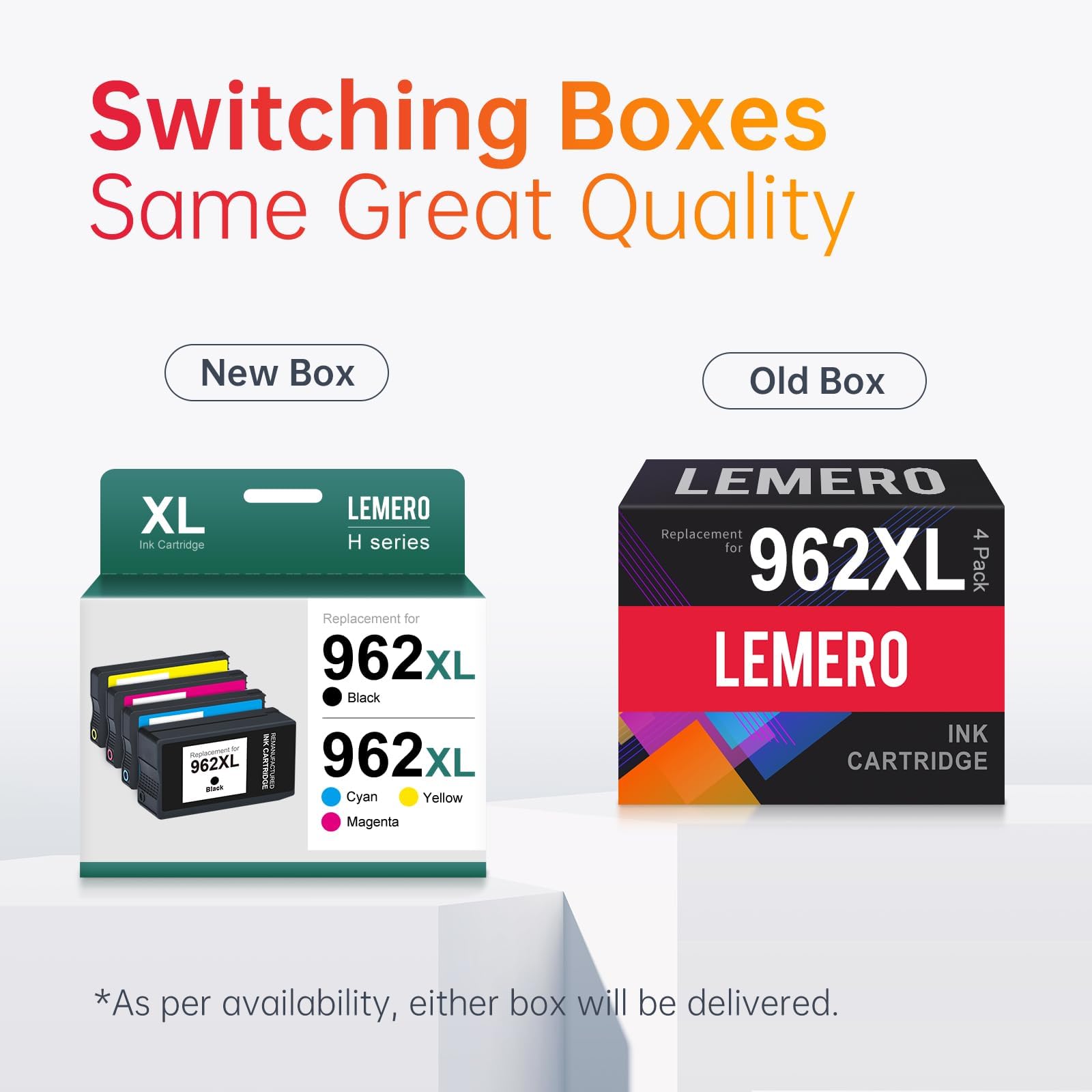 Comparison of new and old packaging of LEMERO ink cartridges, emphasizing consistent quality.