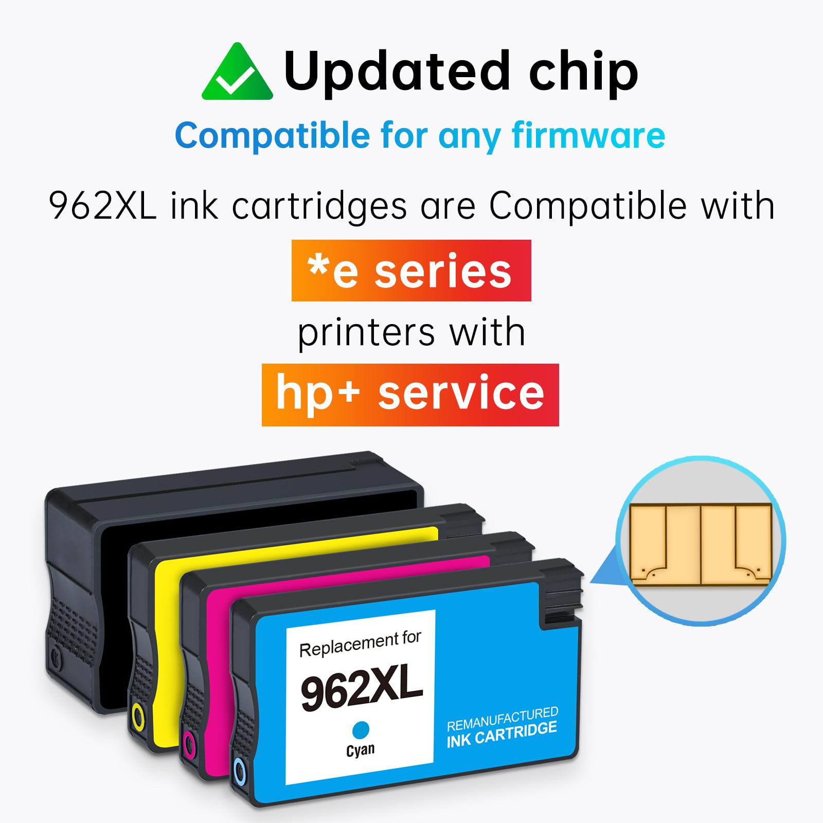 LEMERO 962XL ink cartridges highlighting updated chips for compatibility with HP+ service printers