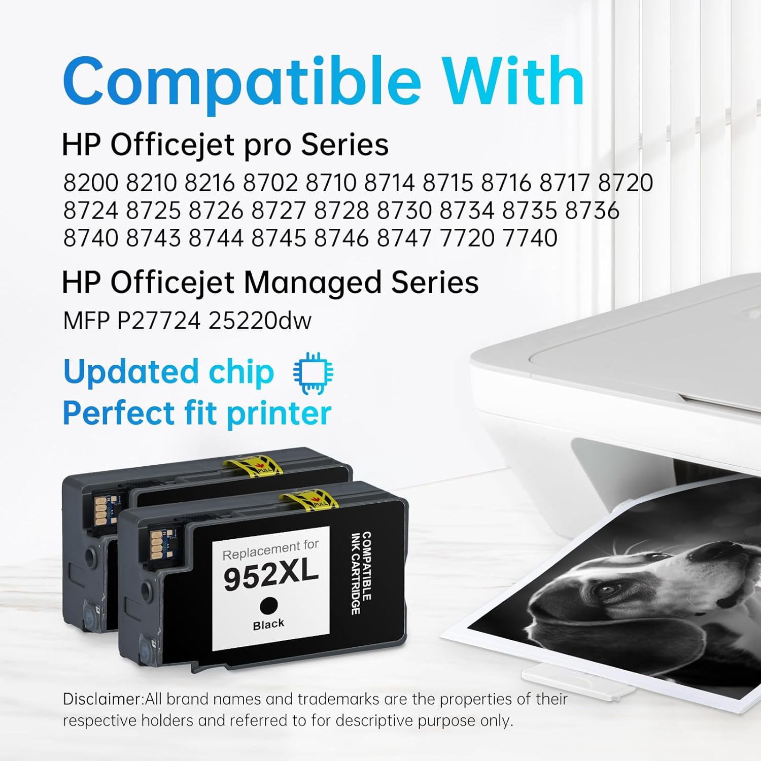HP 952XL Black Ink Cartridges compatible with HP OfficeJet Pro 7740, 8710, 8720, 7210, 8715, 8702, 8200, 8210, 8216, 8218, 8700, 8702, 8714, 8716, 8717, 8724, 8725, 8727, 8728, 8730, 8734, 8735, 8736, 8740, 8743, 8744, 8745, 8746, 8747, 7720 printer, and OfficeJet Managed MFP P27724, 25220dw printer