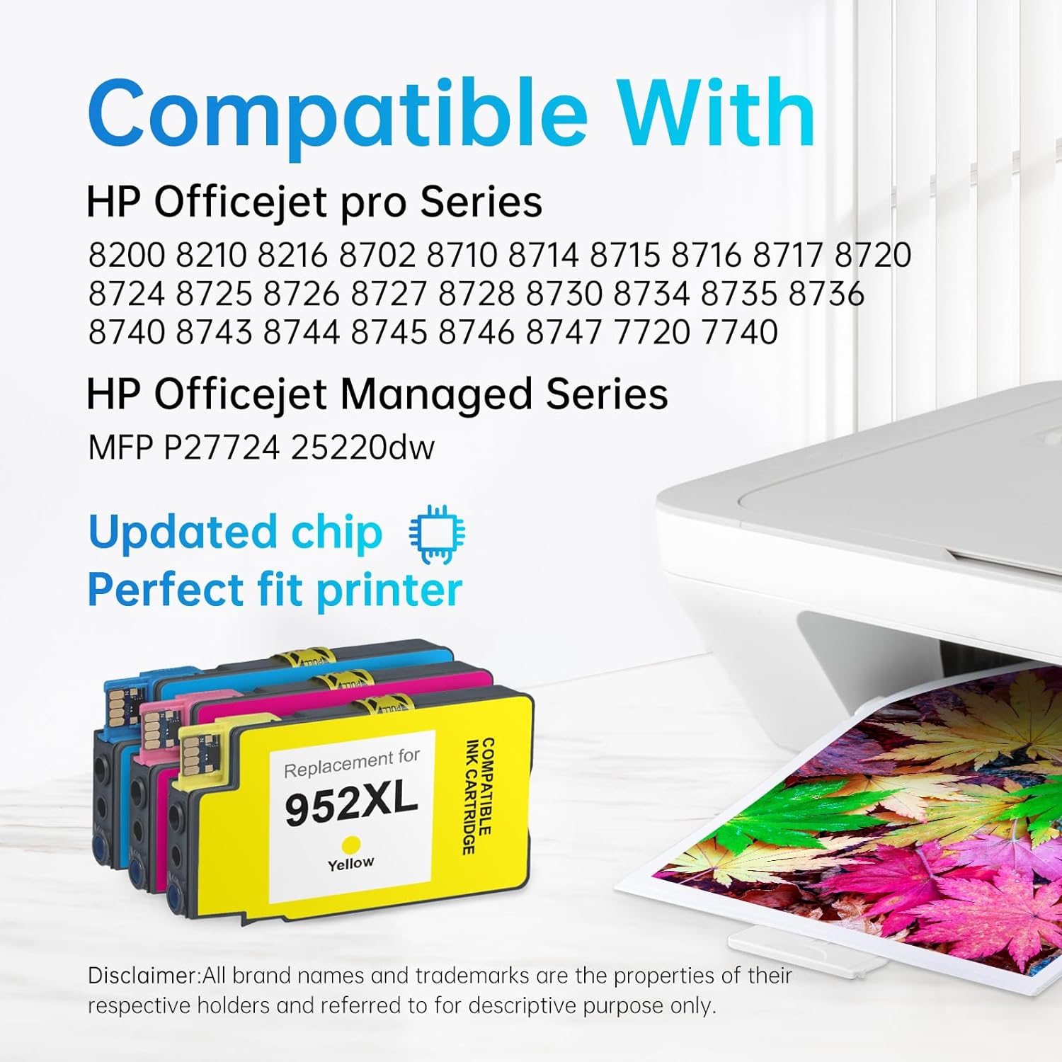HP 952XL Ink compatible with HP OfficeJet Pro 7740, 8710, 8720, 7210, 8715, 8702, 8200, 8210, 8216, 8218, 8700, 8702, 8714, 8716, 8717, 8724, 8725, 8727, 8728, 8730, 8734, 8735, 8736, 8740, 8743, 8744, 8745, 8746, 8747, 7720 printer, and OfficeJet Managed MFP P27724, 25220dw printer