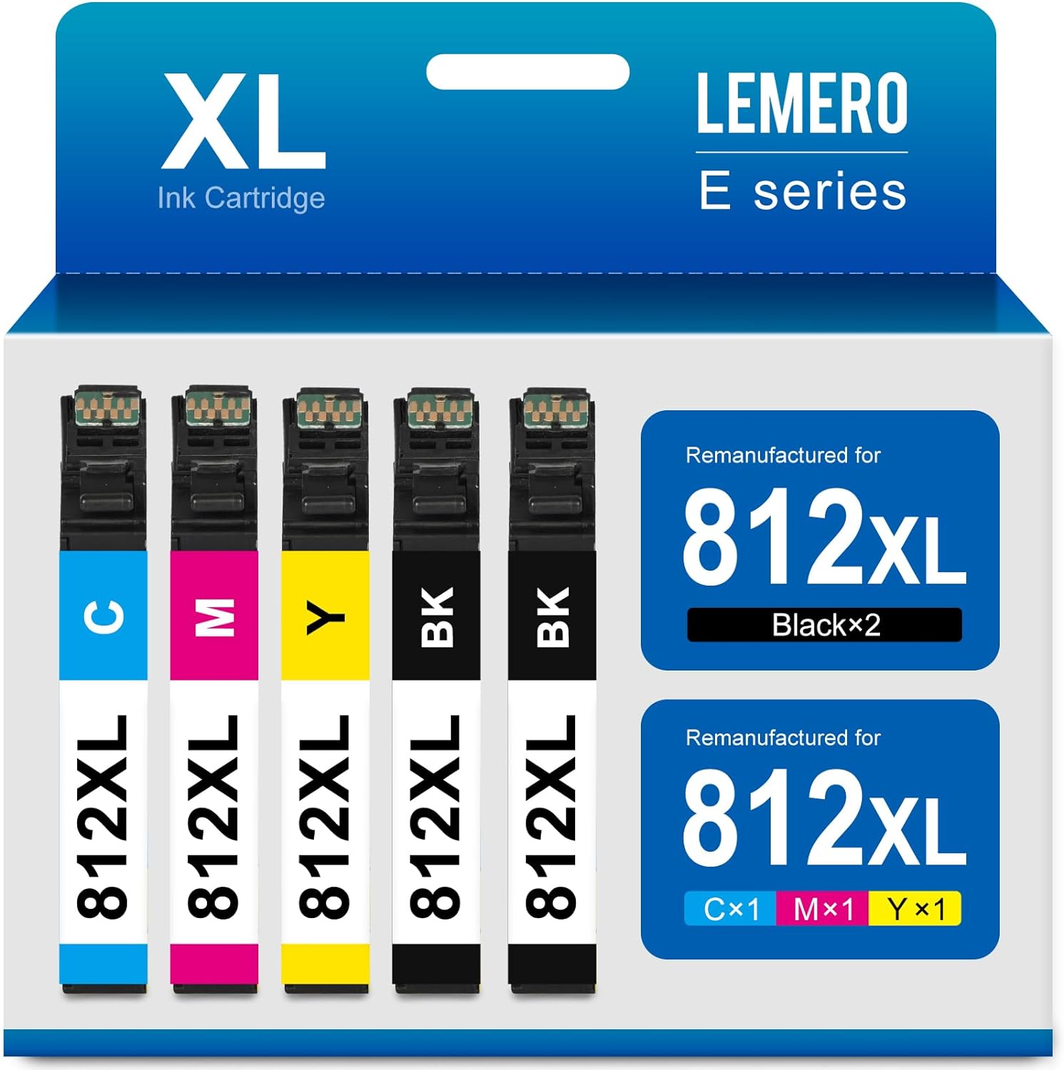 Epson 812XL Ink Cartridge Combo Pack (5 Pack, 2 Black, 1 Cyan 1 Yellow 1 Magenta) Remanufactured