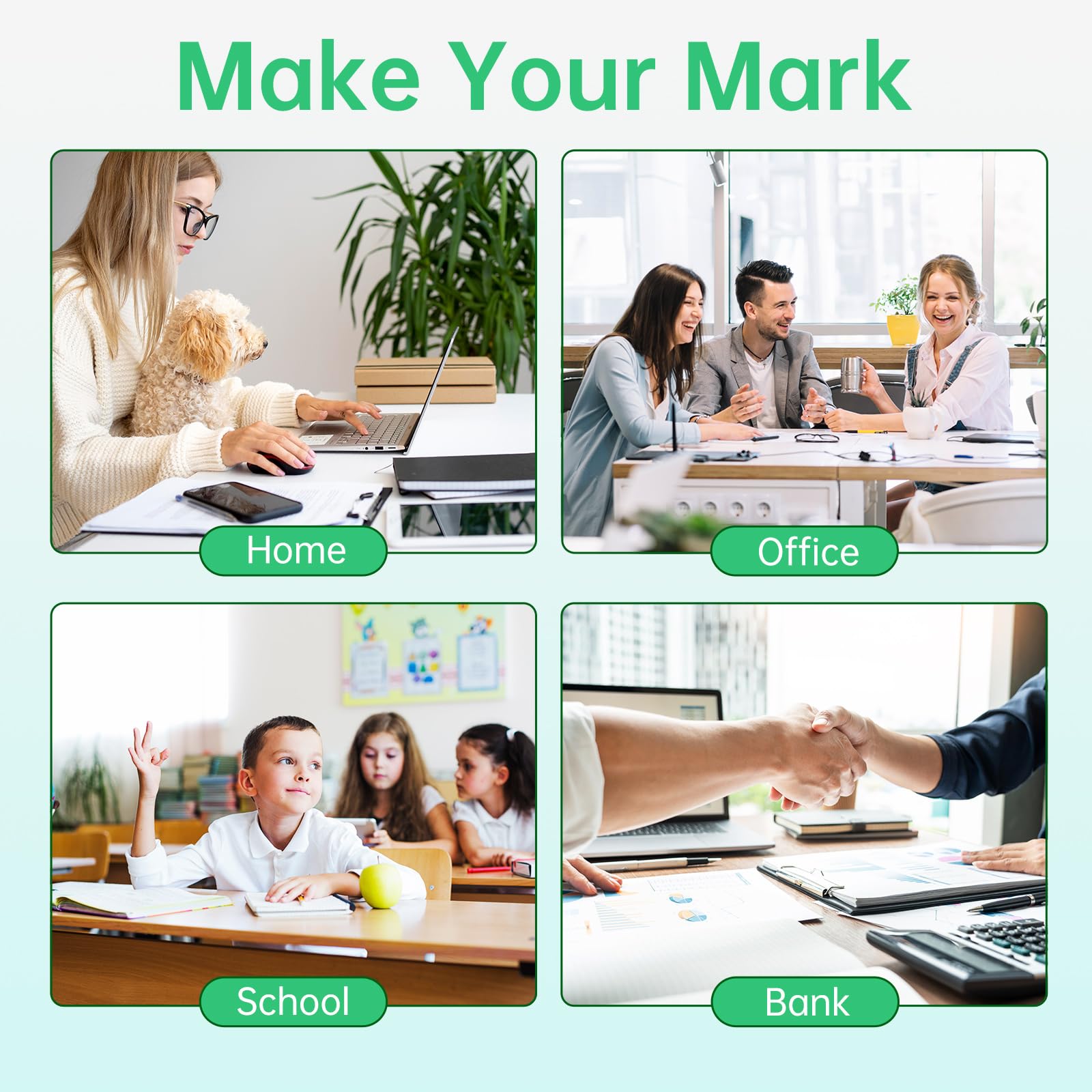 Various printing environments including home, office, school, and bank, demonstrating the versatility and reliability of LEMERO ink cartridges for different uses.