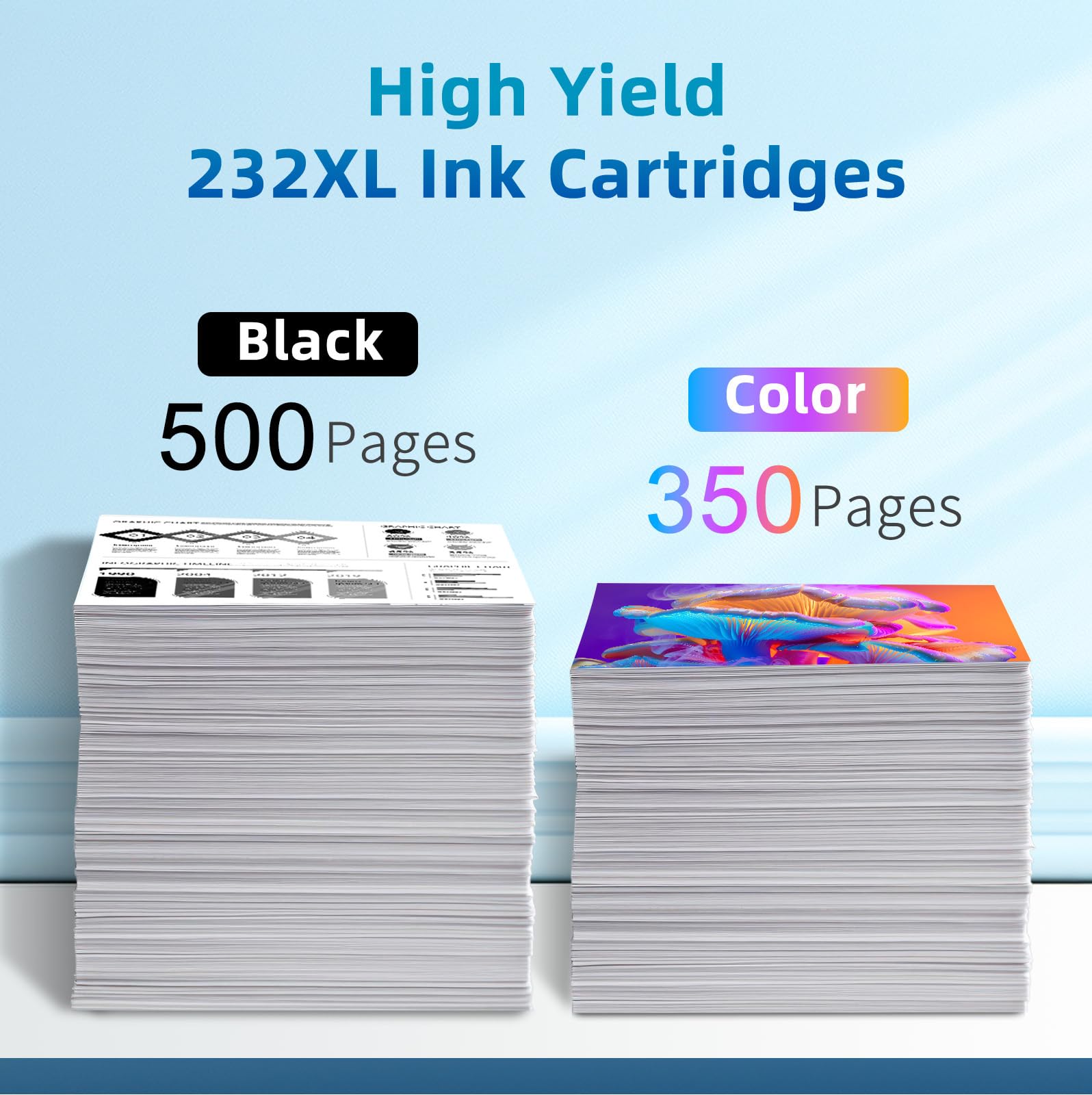 High Yield 232XL Ink Cartridges Page Yield: black232XL cartridge prints 500 pages and the color cartridges print 350 pages each.