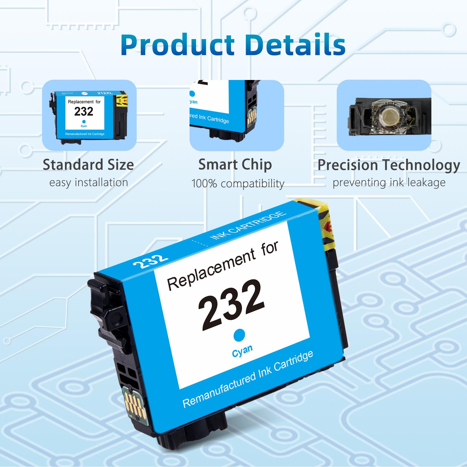 Product Details of Compatible Ink Cartridges: compatible ink cartridge. Features like "Standard Size", "Smart Chip" for 100% compatibility, and "Precision Technology" to prevent ink leakage are highlighted.