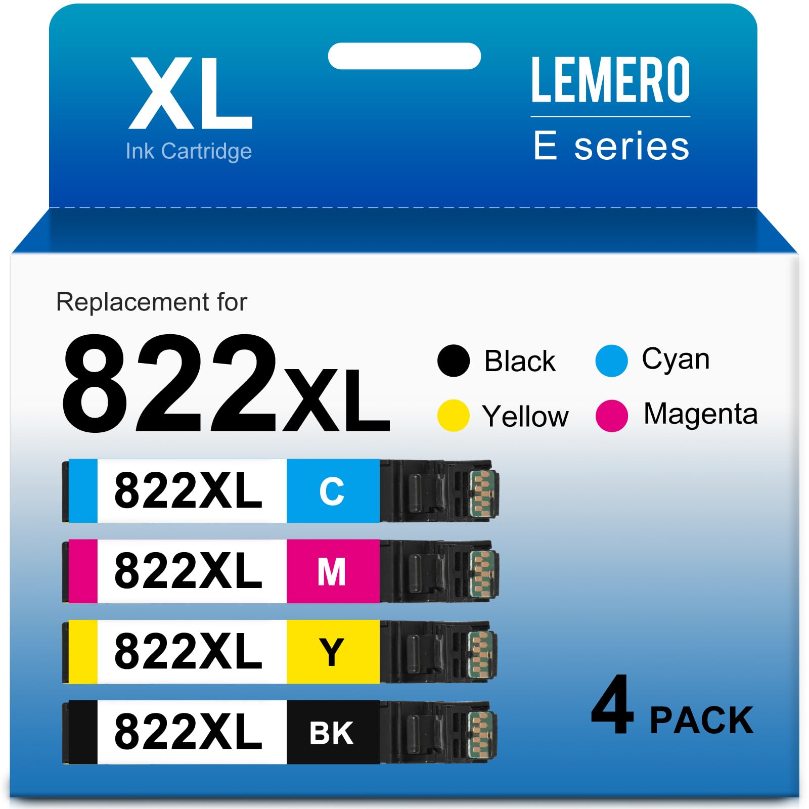 Printer Compatibility for 822XL Ink Cartridges: "Detailed compatibility information for 822XL ink cartridges, suitable for Epson Workforce Pro series printers, with updated chip technology for a perfect printer fit."Product Packaging for 822XL Ink Cartridges: "Image of the 822XL ink cartridge pack, highlighting the product as a high-capacity, multi-color ink cartridge set compatible with Epson printers."