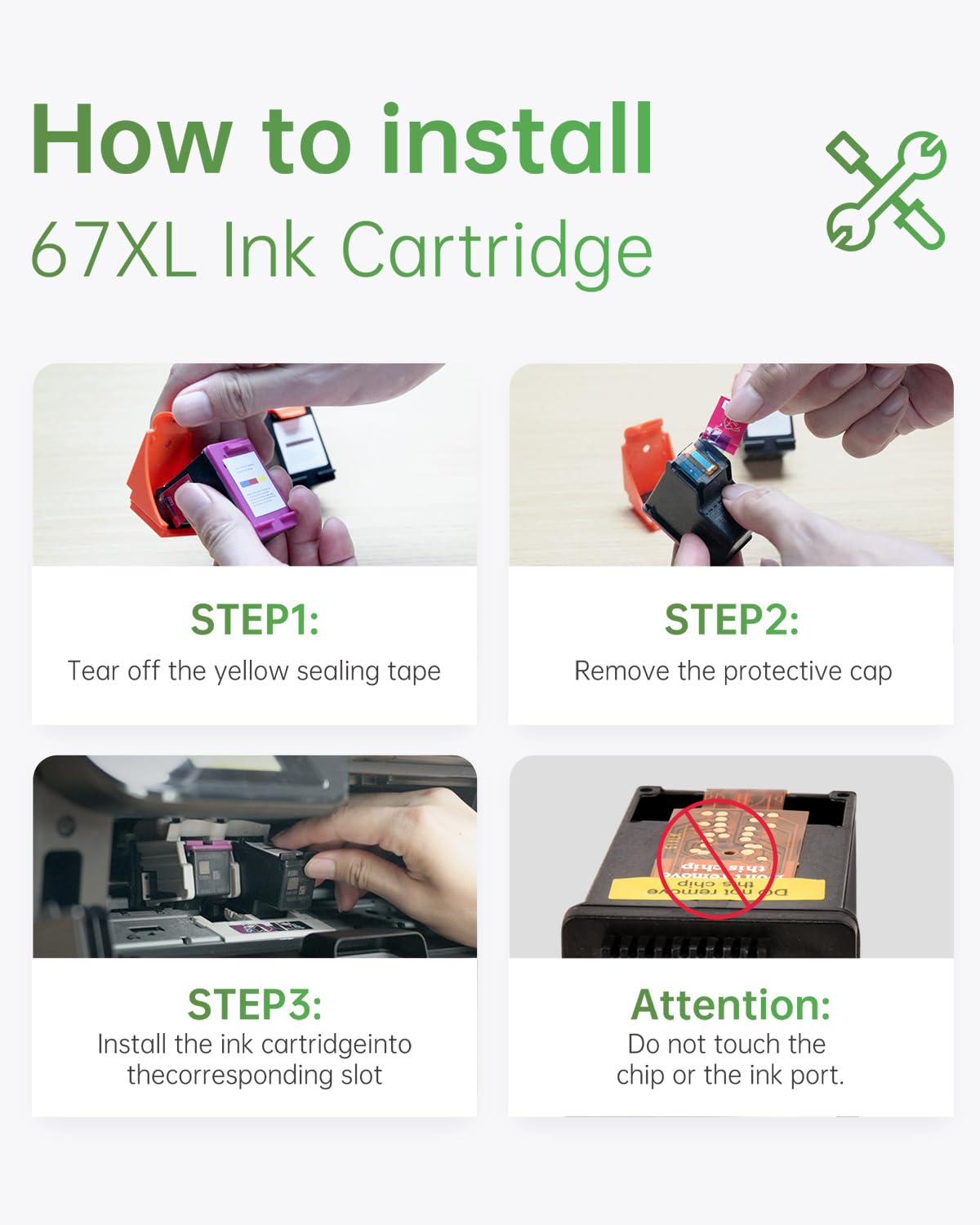 How to Install 67XL Ink Cartridge Image: Step-by-step visual guide on installing LEMERO 67XL ink cartridges, including precautions like not touching the chip or ink port.