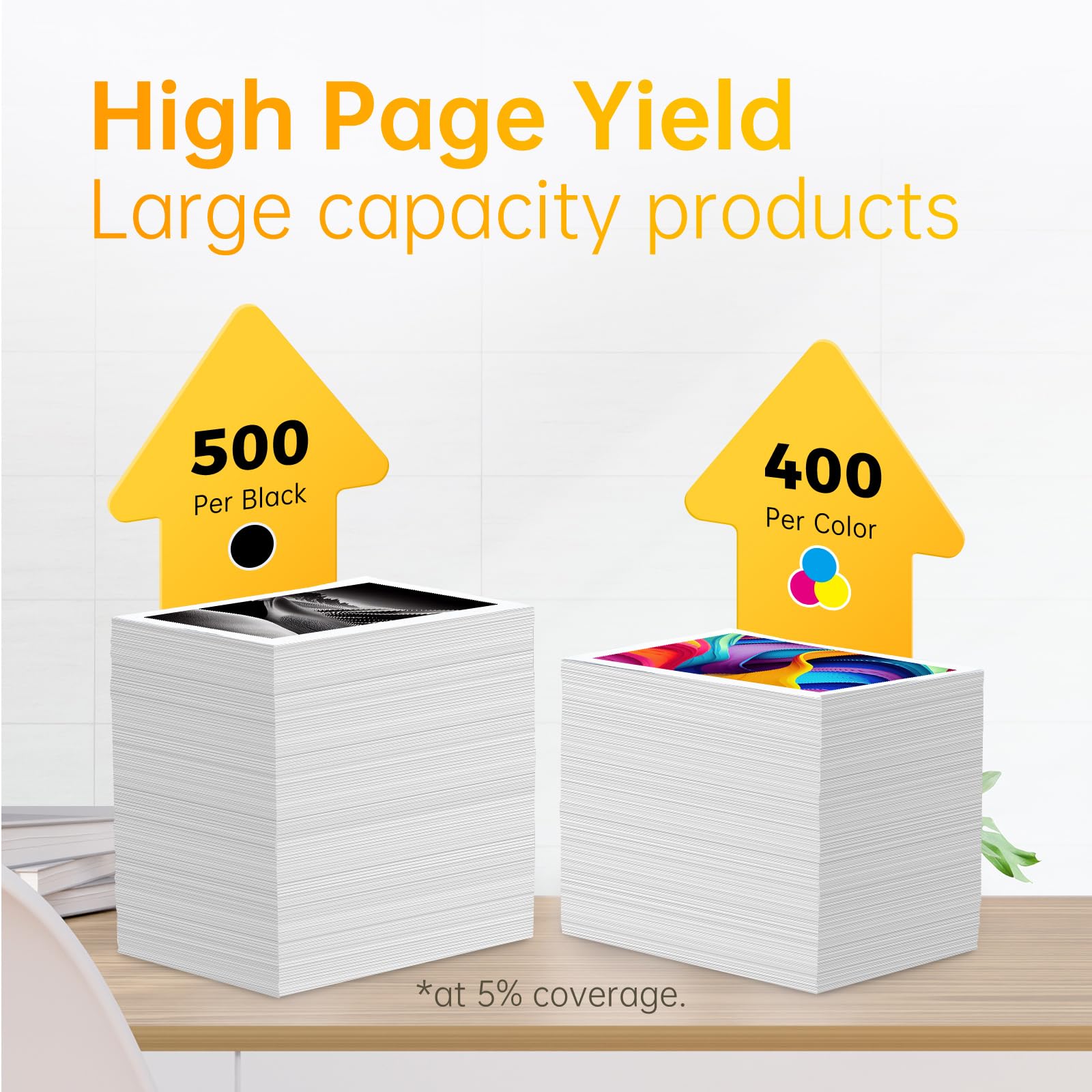 High Page Yield Large Capacity Products: Visual representation of large capacity LEMERO ink products with 500 pages per black and 400 pages per color cartridge yield at 5% coverage.