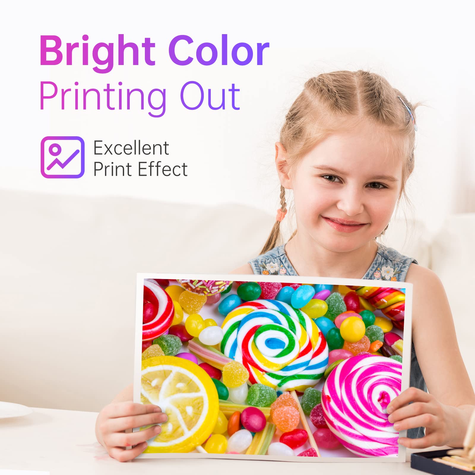 Bright Color Printing Out: Young girl admiring a brightly colored printed photo of various candies, showcasing the vibrant and high-quality color output possible with LEMERO ink cartridges.