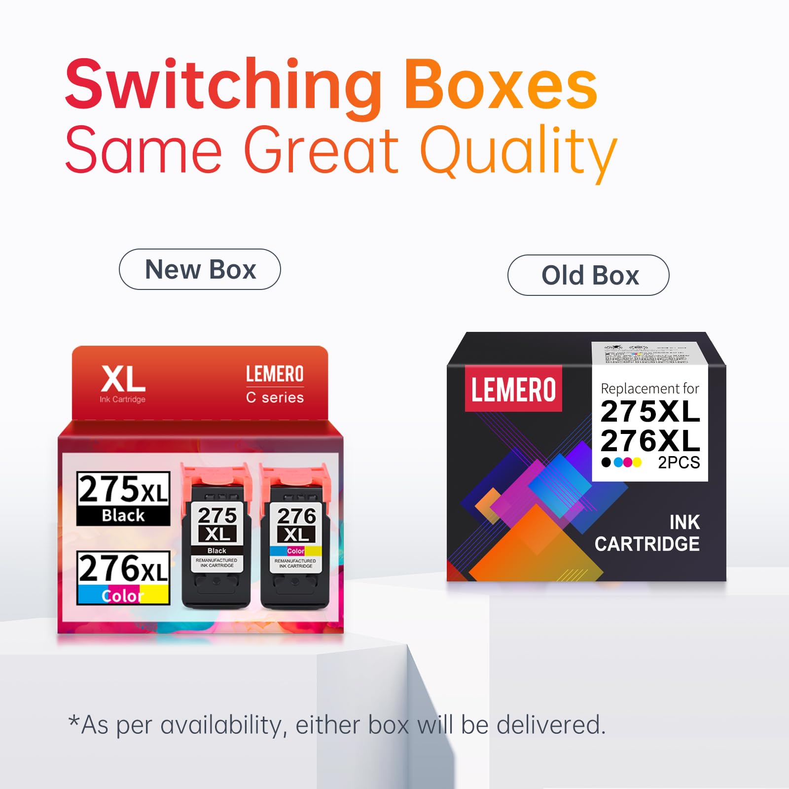 Comparison of LEMERO ink cartridge packaging showing the new and old box designs for the 275XL and 276XL ink cartridges, highlighting consistent quality despite packaging updates
