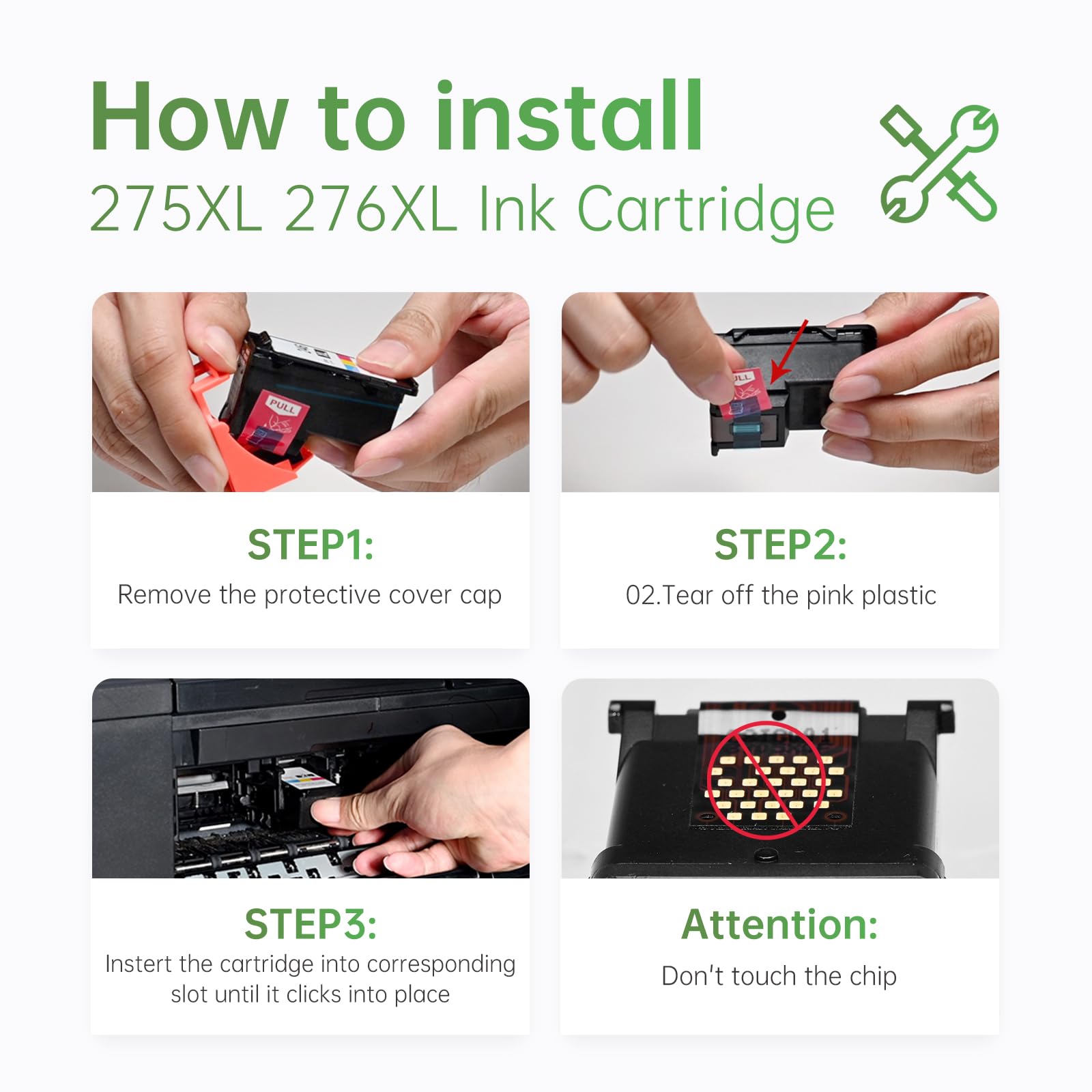 Step-by-step instructions on how to install LEMERO 275XL and 276XL ink cartridges into a printer, including removing the protective cover and inserting the cartridge until it clicks into place.
