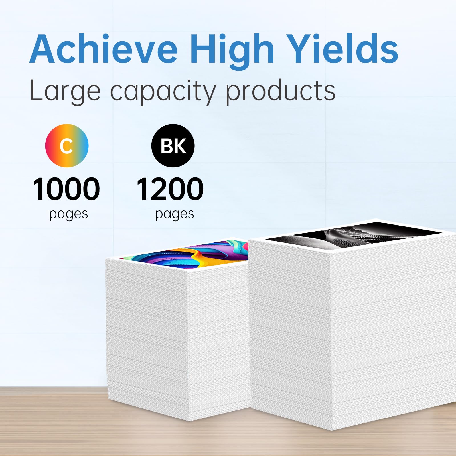 Achieve high yields with large capacity products: 1000 pages per color, 1200 pages per black