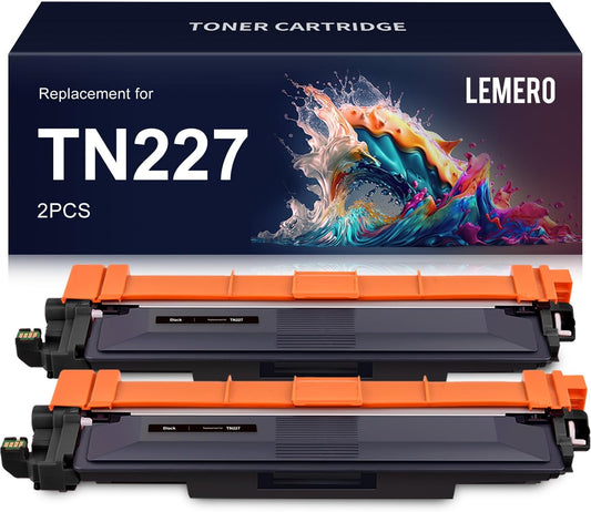 LEMERO Compatible 2-Black High Yield Toner Cartridges, replacement for Brother TN227/TN223, for use with various Brother printers, ensuring sharp and durable prints.