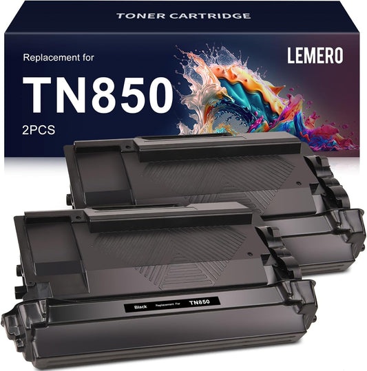 LEMERO TN850 Compatible Toner Cartridge 2-Pack for Brother printers, high yield for sharp, long-lasting print quality.