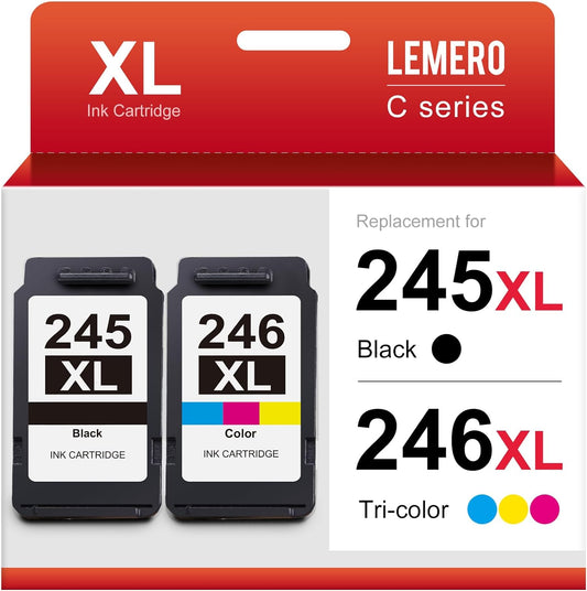Image of LEMERO 245XL 246XL ink cartridge pack, showing one black and one color cartridge. The cartridges are branded and clearly marked as compatible with Canon Pixma printers, including the MG2522 model. The packaging is professional, with distinct labels for model compatibility and page yield