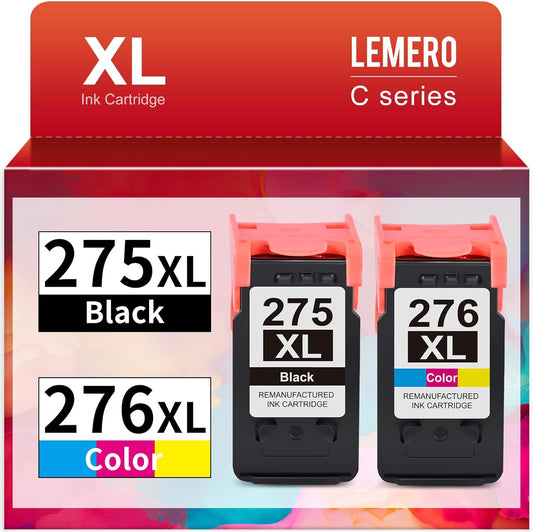Image of LEMERO Remanufactured Ink Cartridge Pack, featuring one 275XL black and one 276XL tri-color cartridge. The packaging is clearly labeled for compatibility with Canon Pixma TS3520, TS3522, TR4720, and other models, highlighting the estimated page yield.