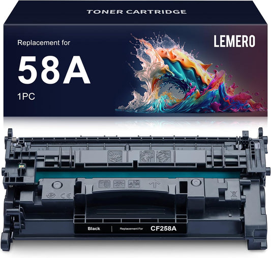 LEMERO 58A Black Toner Cartridge with OEM Chip, remanufactured replacement for HP CF258A, compatible with LaserJet Pro M428fdw, M404dn, and more for reliable, high-quality printing.
