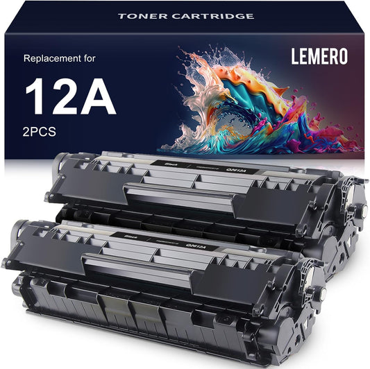 Pack of 2 LEMERO 12A Black Toner Cartridges, compatible with HP Laserjet 1020 and other models, for crisp and long-lasting print quality.