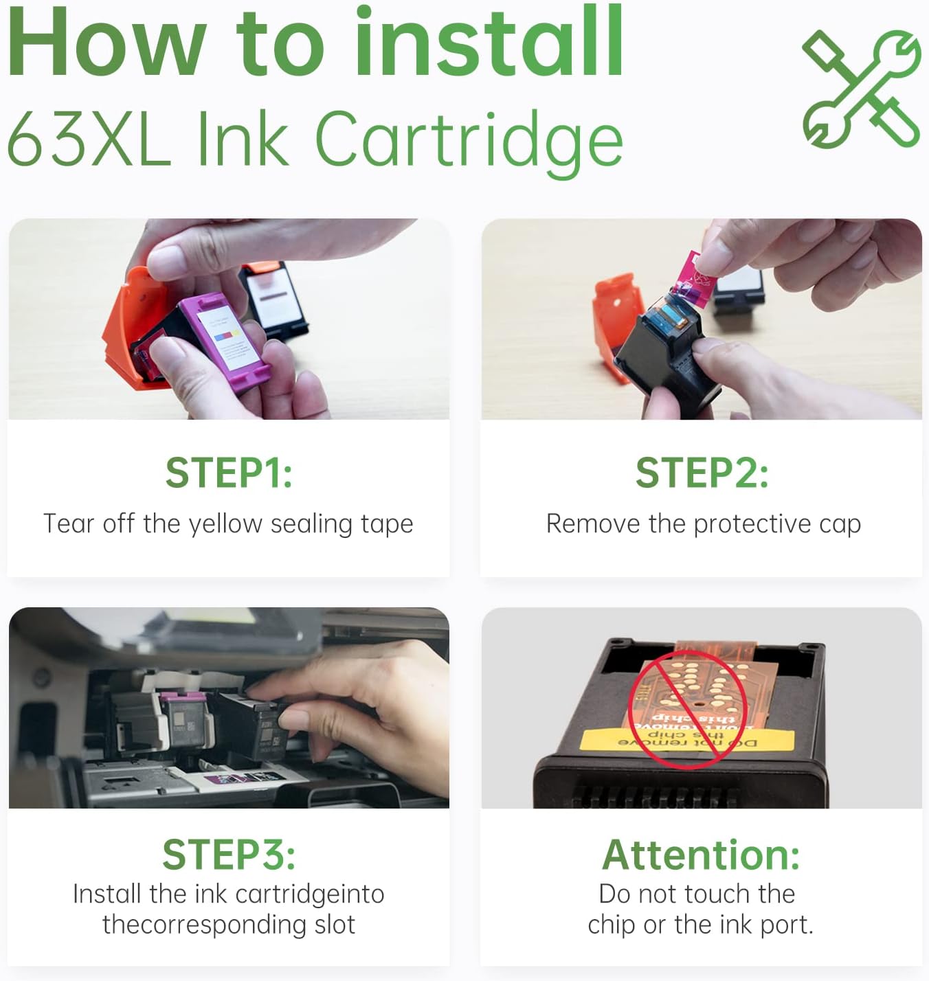 Installation Instructions for HP 63XL Ink Cartridge:Step-by-step visual guide on how to install the HP 63XL ink cartridge, including steps to tear off the sealing tape and remove the protective cap without touching the chip or ink port.