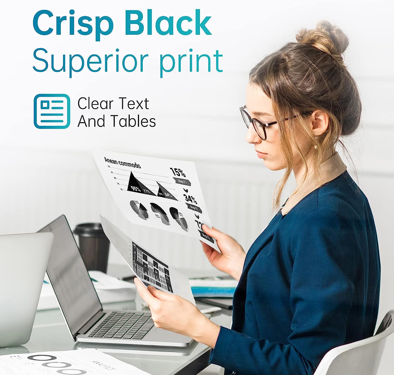 Professional Quality Black Print from HP 63XL Ink Cartridge:Professional woman reviewing a document with clear, crisp black text printed using the HP 63XL black ink cartridge, emphasizing superior text and detailed print quality.