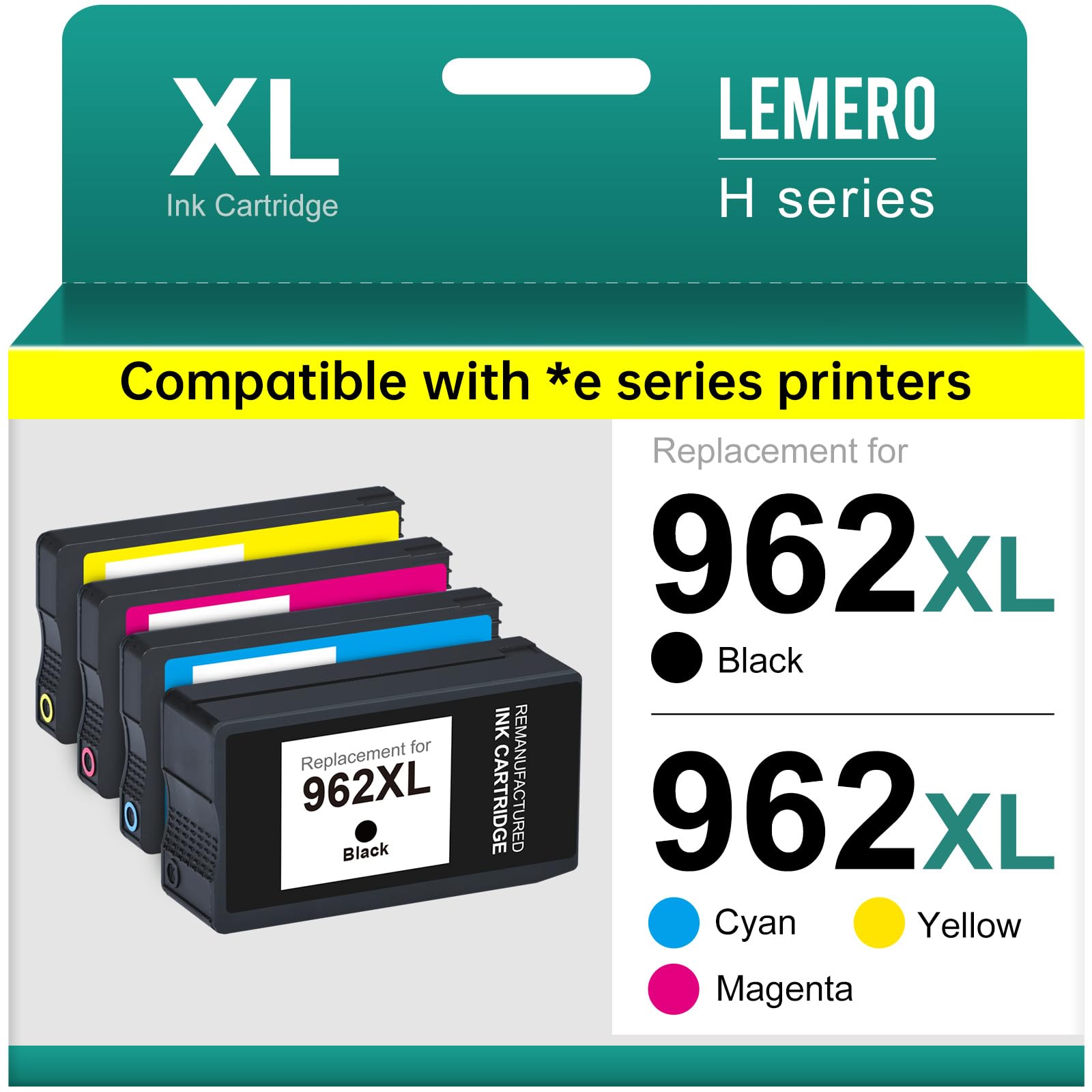 Remanufactured LEMERO HP 962XL Ink Cartridge, Black, Cyan, Magenta, Yellow, 4-Pack