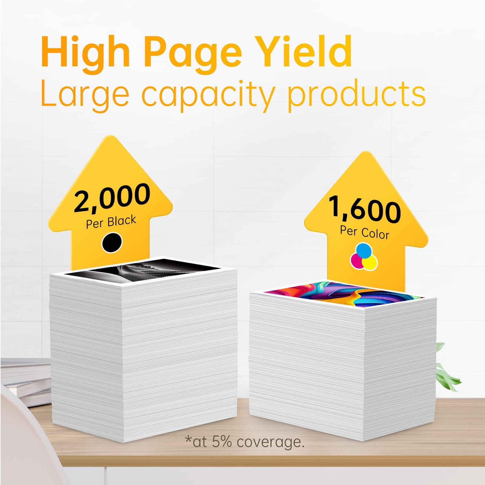 Graphic showing high page yield of LEMERO HP 962XL ink cartridges, 2000 pages per black and 1600 per color.