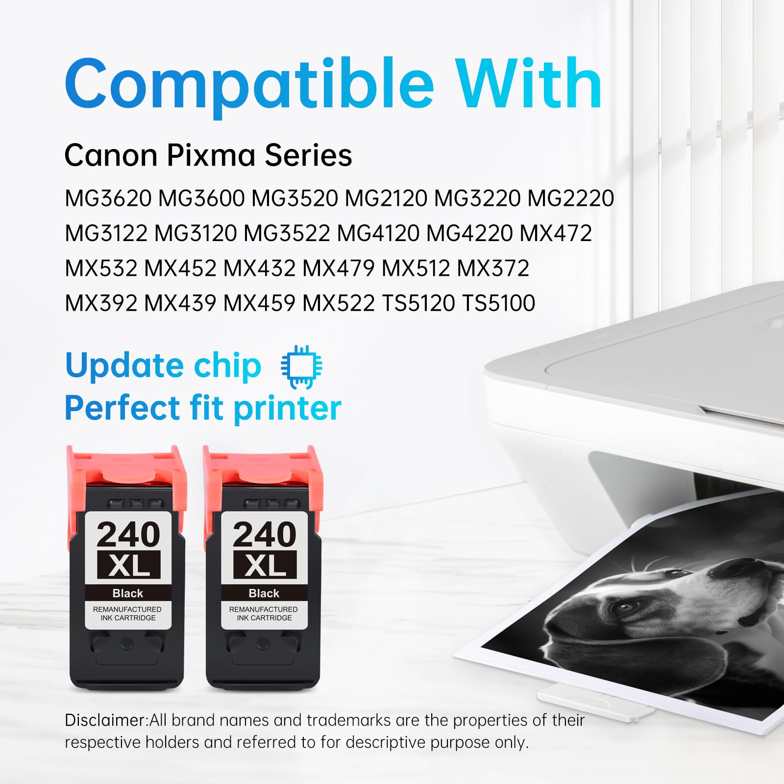 Compatible With Canon Pixma Series" Printers for LEMERO 240XL Ink Cartridges:Detailed compatibility list of LEMERO 240XL ink cartridges with various Canon PIXMA printer models, featuring updated chip technology for a perfect printer fit.
