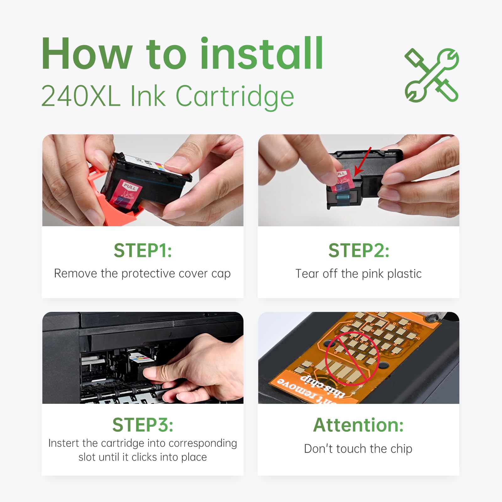 How to Install 240XL Ink Cartridge Instructional Steps: "Step-by-step guide on installing LEMERO 240XL black ink cartridge into a printer, with detailed instructions on removing the protective cover, tearing off plastic, and proper cartridge insertion without touching the chip."