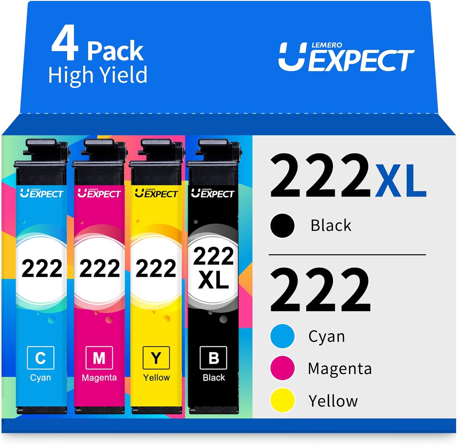 LEMERO UEXPECT Replacement Epson 222XL Ink Cartridges Combo Pack (Black/Cyan/Magenta/Yellow) 4 Pack Ink 222