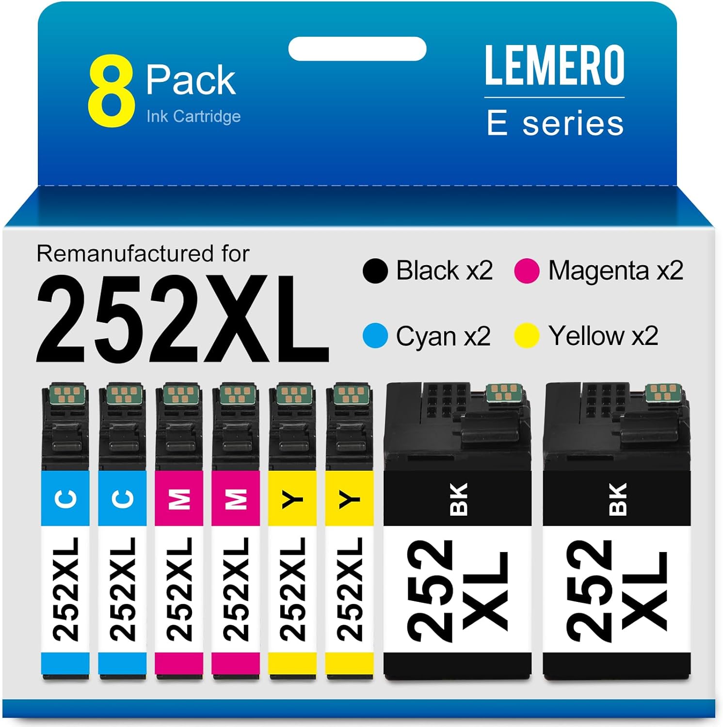 Remanufactured Epson 252XL Ink Cartridges (2 Black, 2 Cyan, 2 Magenta, 2 Yellow, 8-Pack)