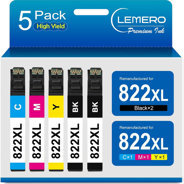 LEMERO Epson 822XL Ink Cartridge Combo Pack Set of 5