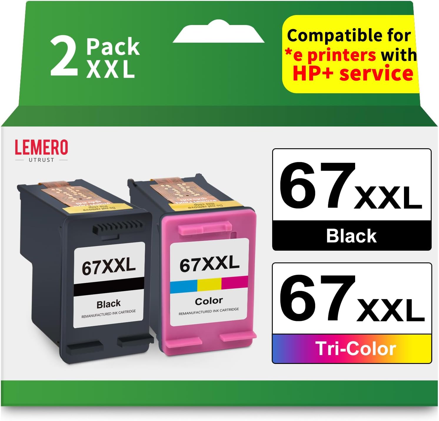 LEMERO UTRUST HP 67XXL Ink Cartridges: 1 Black, 1 Tri-Color