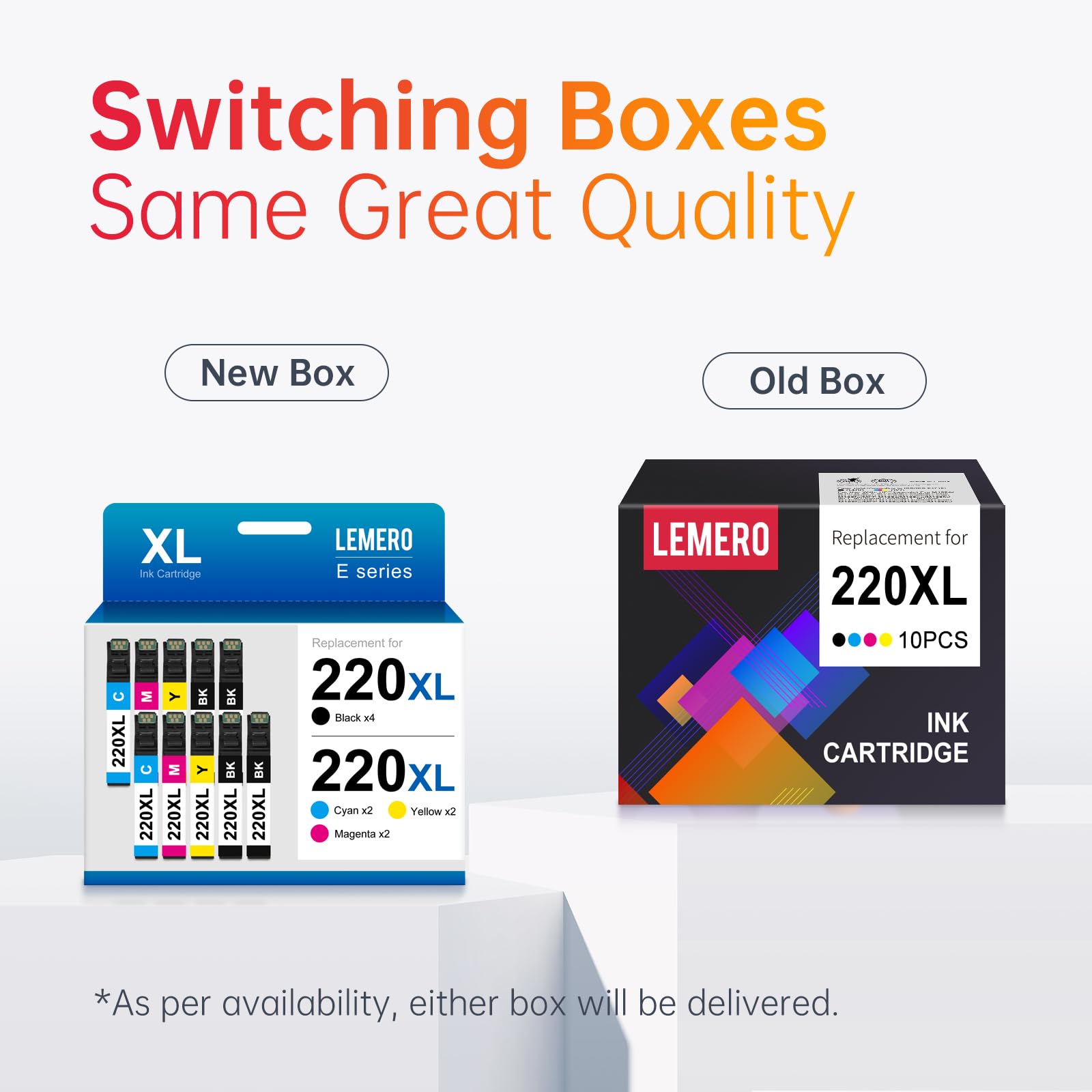 New and Old Packaging of LEMERO 220XL Ink Cartridges Showing Consistent Quality and Compatibility with Epson Printers.