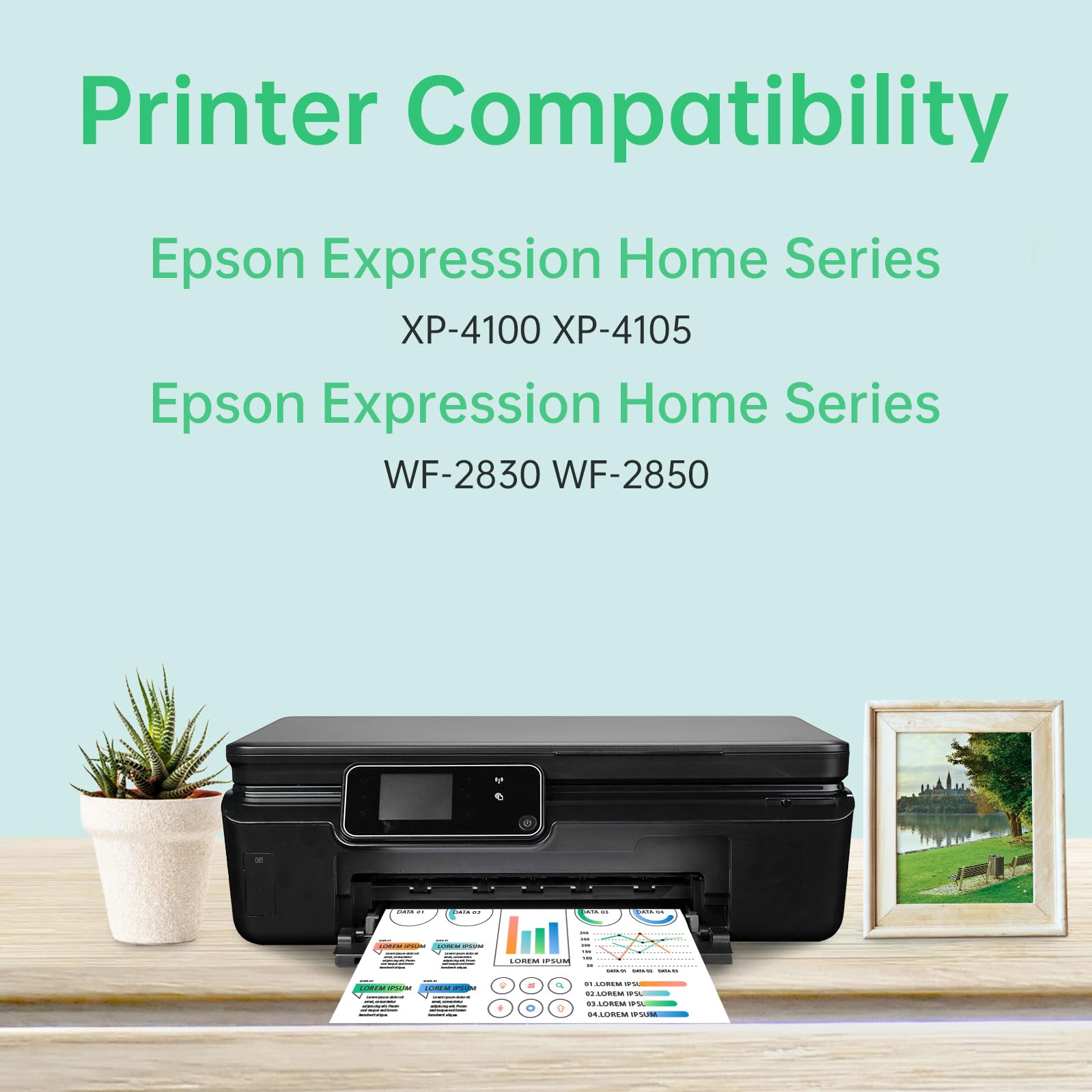 Epson printer compatibility list showing Epson Expression Home Series XP-4100, XP-4105, WF-2830, and WF-2850 models, compatible with LEMERO ink cartridges.