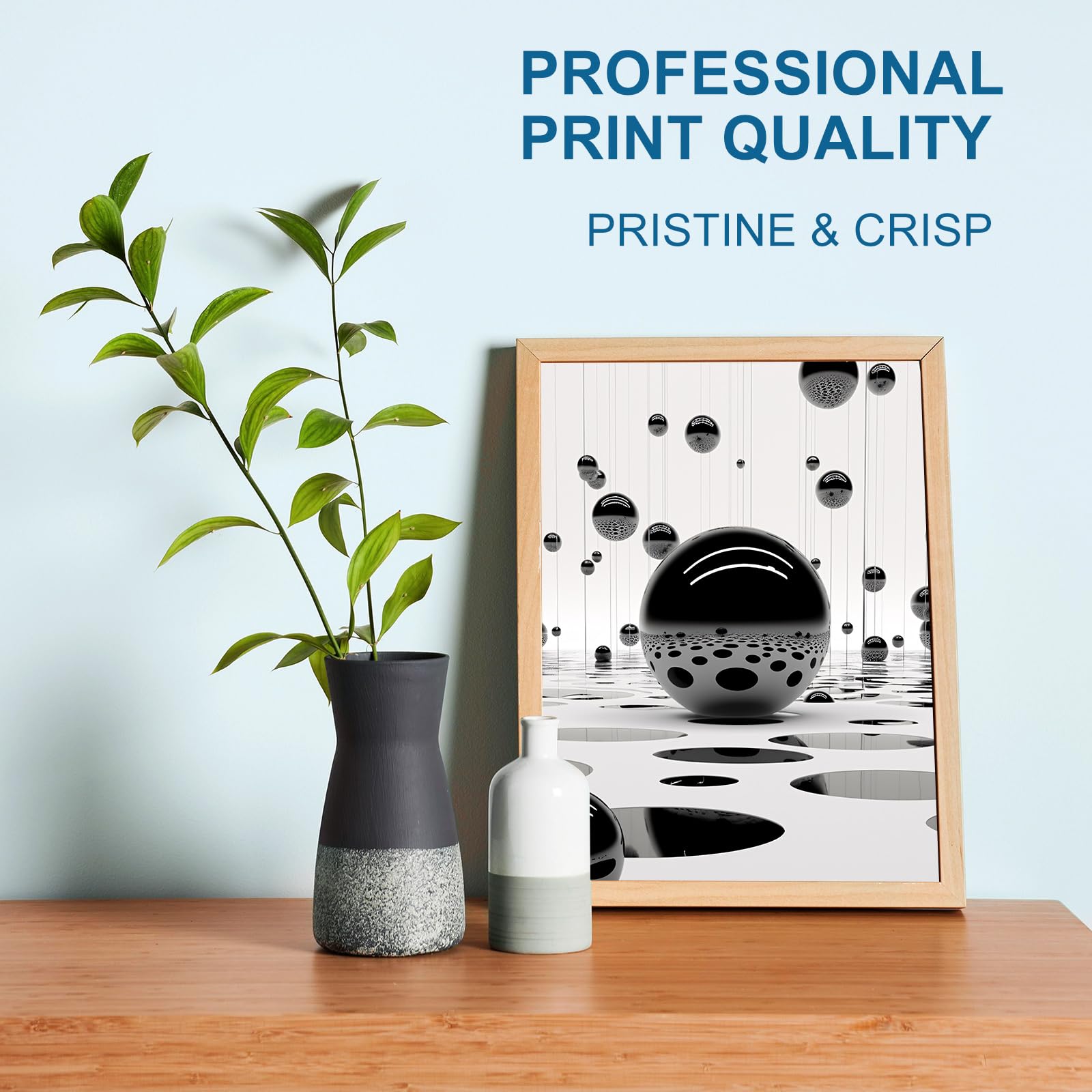 Professional Print Quality, Pristine & Crisp: A modern setting featuring a potted plant and a framed abstract black and white print, emphasizing high-quality, crisp printing.