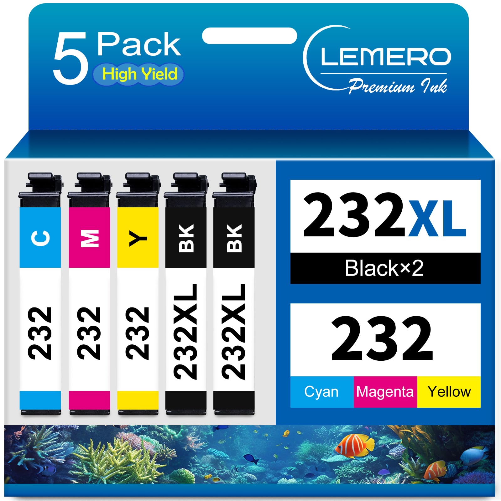 LEMERO Epson 232XL Ink Cartridges: 2 Black, 1 Cyan, 1 Magenta, 1 Yellow Bulk Set of 5 ReplacementLEMERO Premium Ink, 5-Pack High Yield: Packaging for LEMERO ink cartridges showing two black and three colored (cyan, magenta, yellow) cartridge