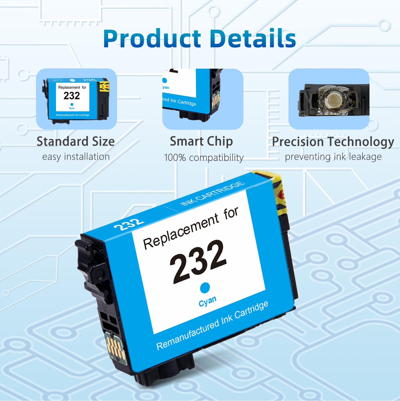 Product Details of Compatible Ink Cartridges: compatible ink cartridge. Features like "Standard Size", "Smart Chip" for 100% compatibility, and "Precision Technology" to prevent ink leakage are highlighted. 