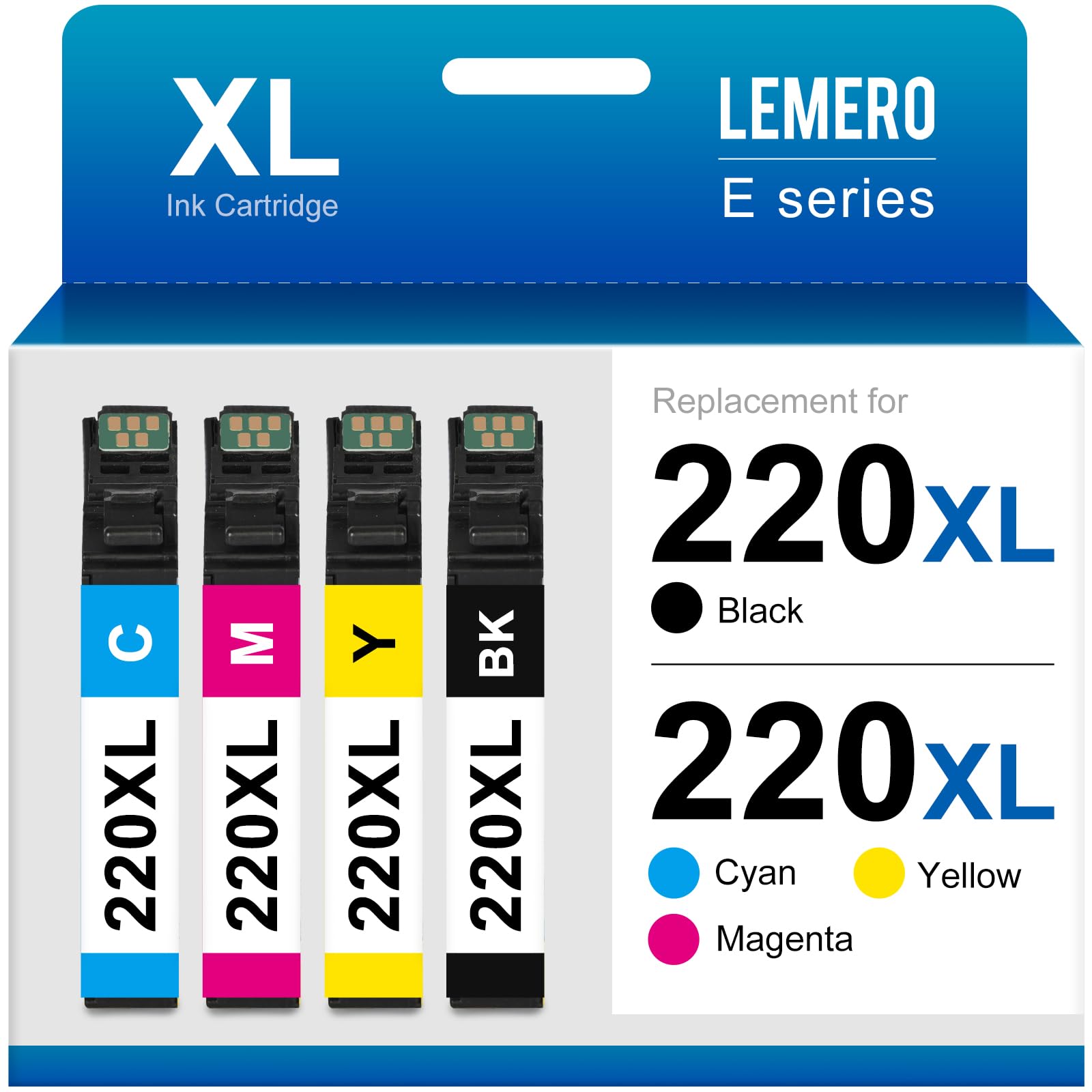 Epson Ink 220XL Cartridges compatible with Epson Workforce and Expression Series, featuring updated chip for perfect printer fit.