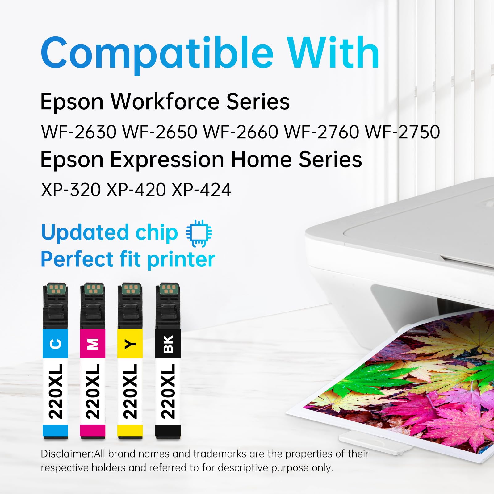 Epson 220XL ink cartridges compatible with Epson Workforce and Expression Home printers, featuring updated chips for seamless compatibility.