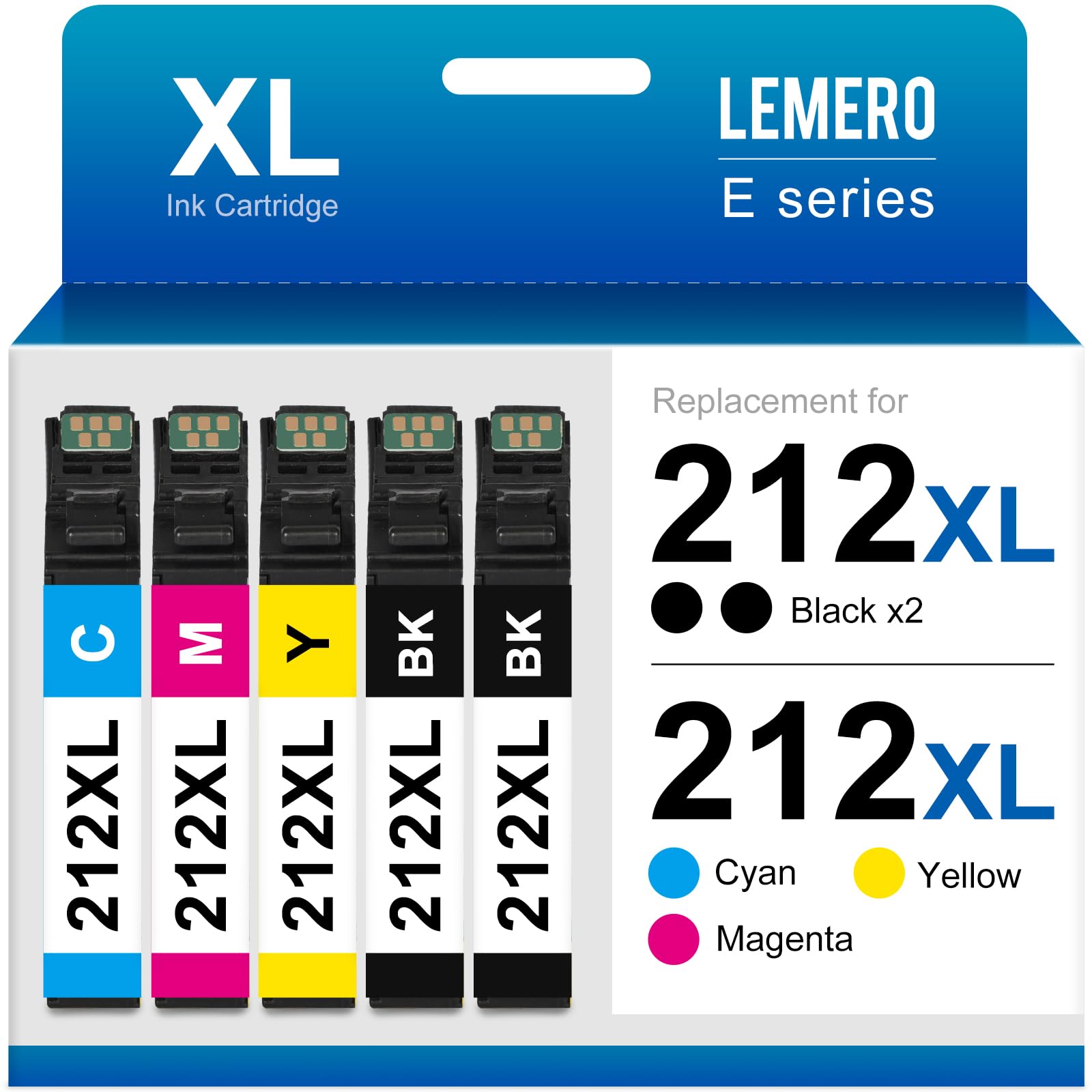 LEMERO E series 212XL high capacity ink cartridges including black, cyan, magenta, and yellow, remanufactured replacements for Epson printers.