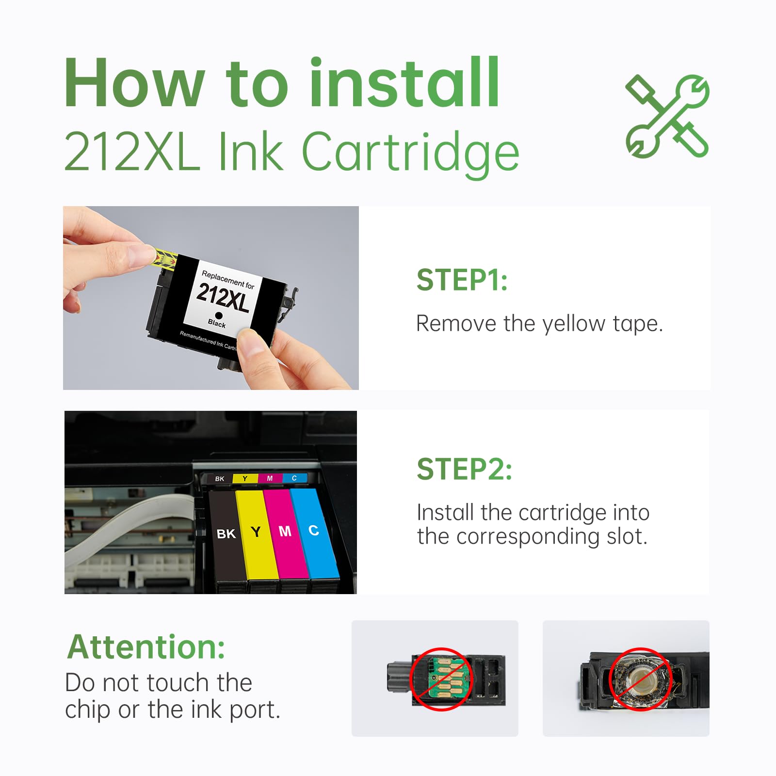 Step-by-step guide on how to install 212XL ink cartridges into a printer, highlighting the simple removal of yellow tape and correct slot insertion.