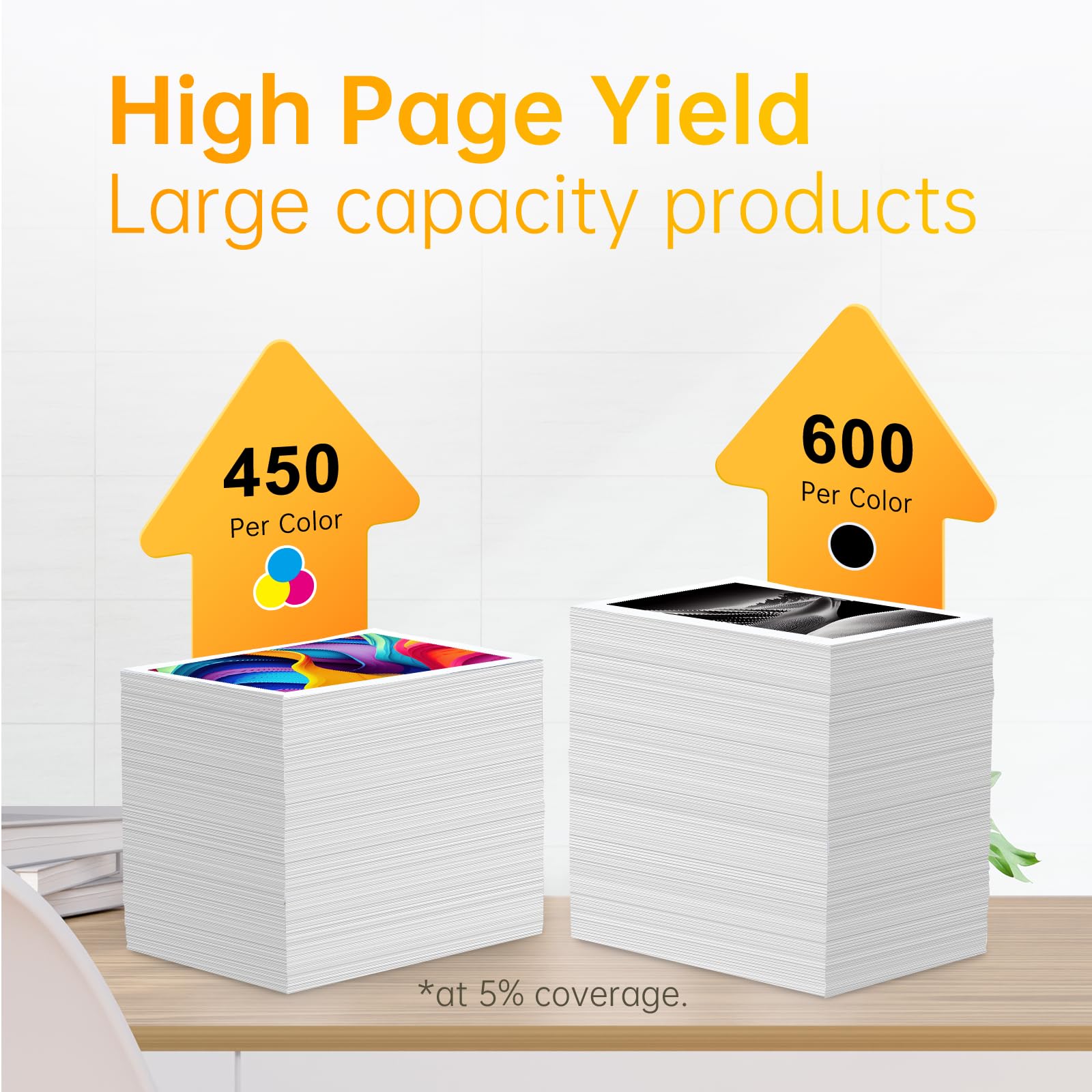 High page yield illustration for LEMERO 212XL ink cartridges, showcasing 600 pages per color cartridge at 5% coverage.