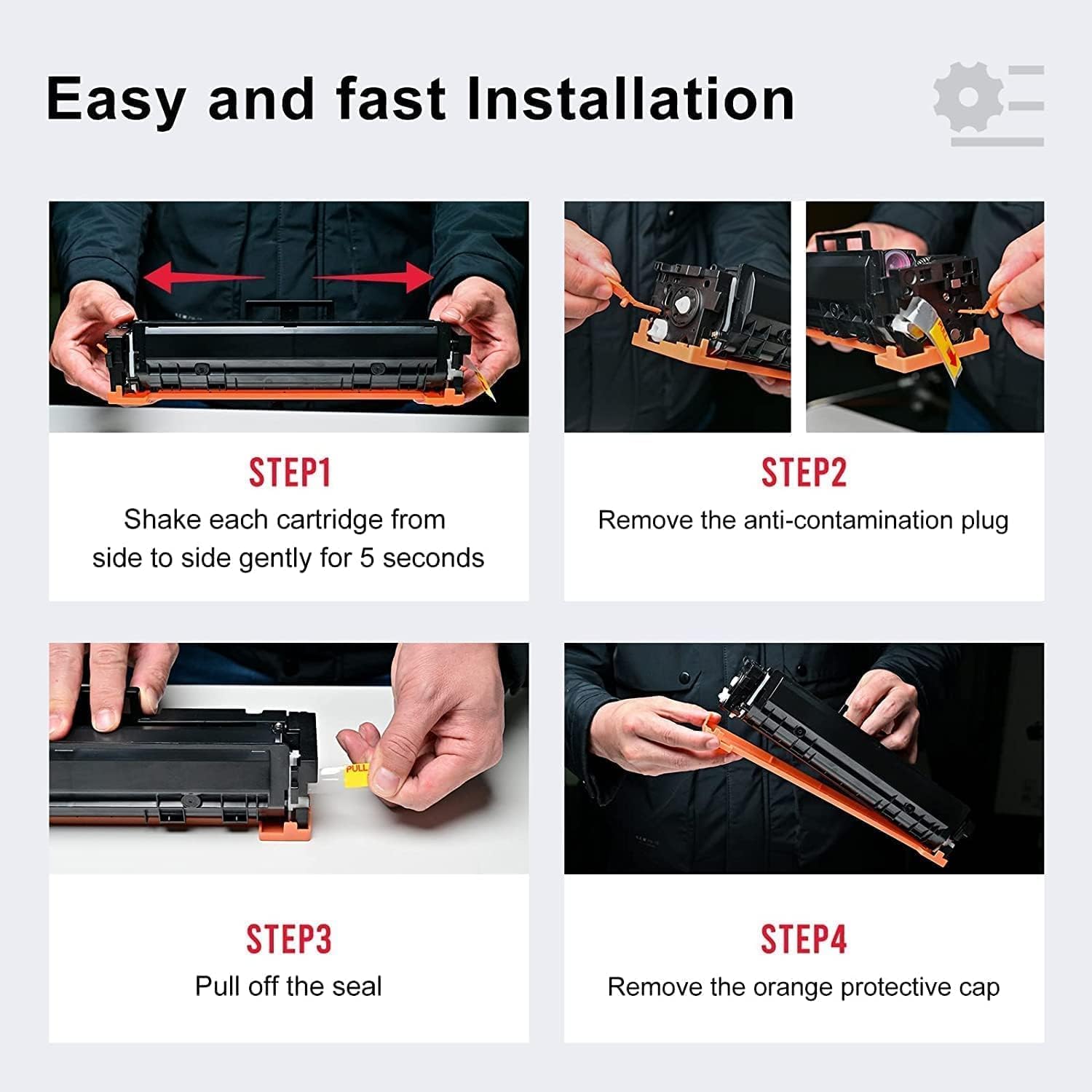 Easy and Fast Installation: Step-by-step visual guide on how to easily and quickly install LEMERO toner cartridges, including shaking, removing plugs and seals, and handling tips to prevent contamination.