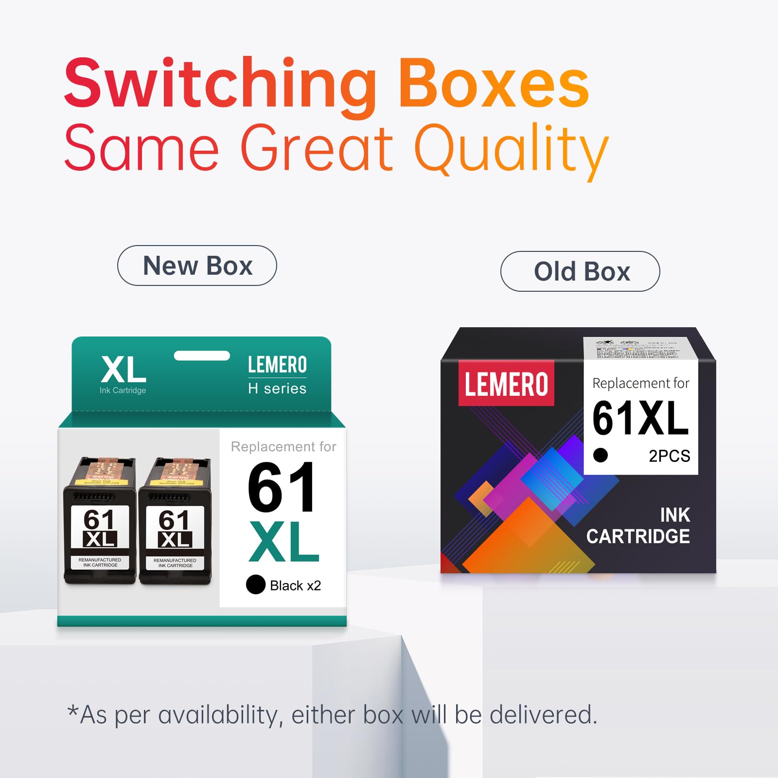 LEMERO HP 61XL black ink cartridges, comparing the new and old box designs to emphasize unchanged high quality.