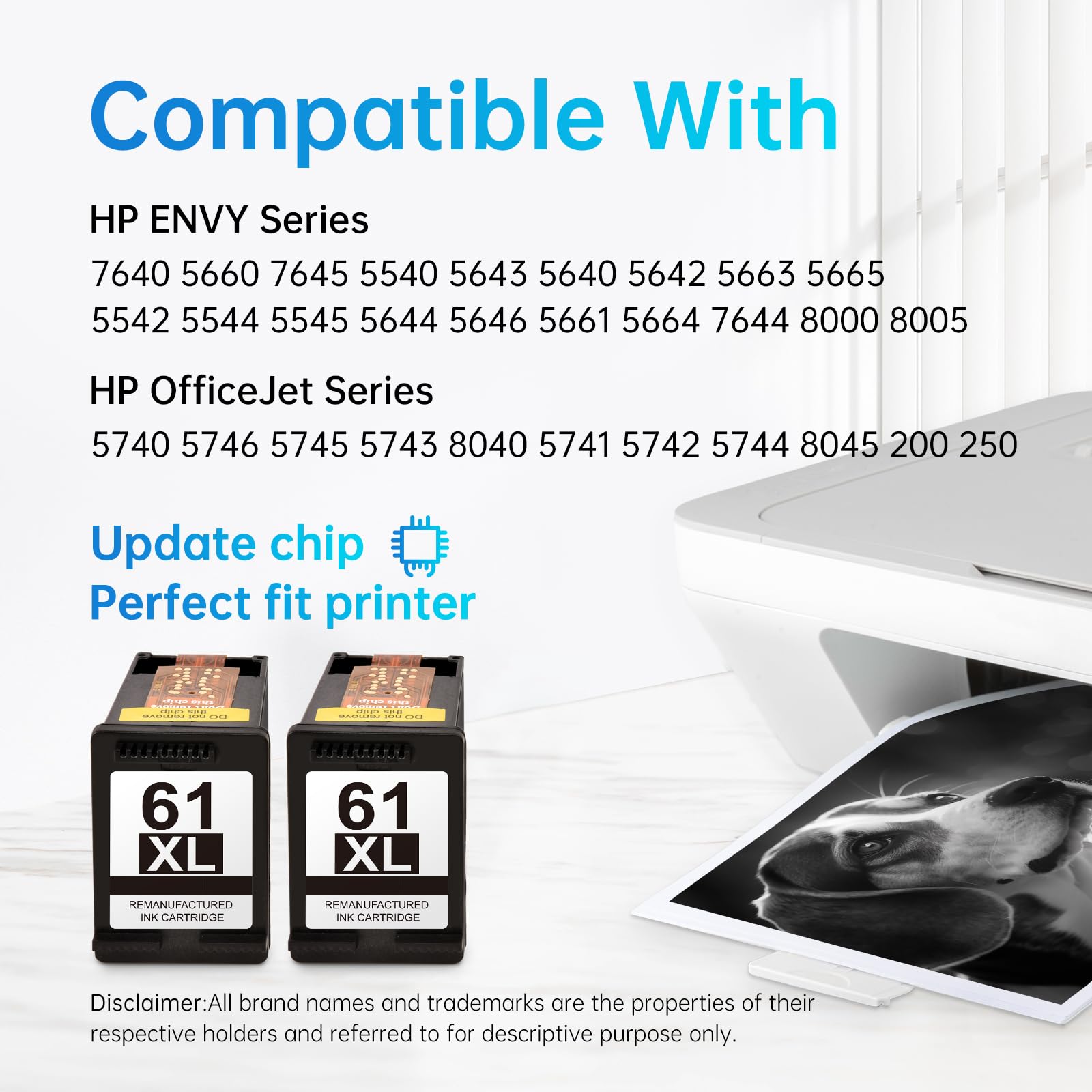 Printer Compatibility List for LEMERO HP 61XL Black Ink Cartridges:Comprehensive compatibility list for LEMERO HP 61XL black ink cartridges, showcasing supported HP ENVY and OfficeJet printer models, emphasizing the updated chip for perfect printer fit.