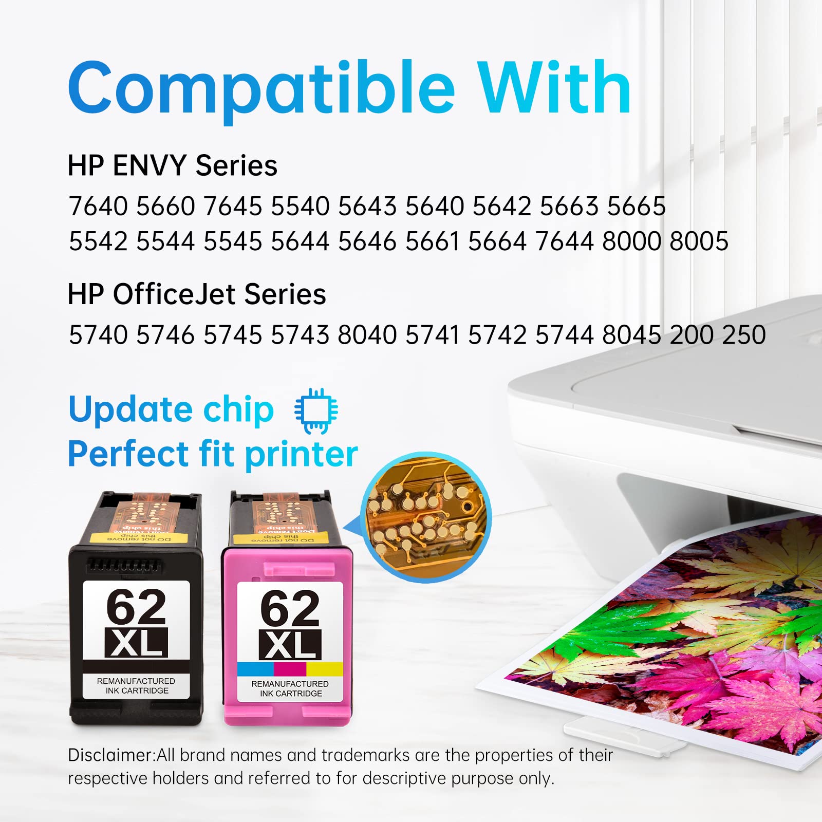 Printer Compatibility List for HP 62XL Ink Cartridge Combo Pack:HP 62XL ink cartridges showing a wide range of compatible HP ENVY and OfficeJet printer models, emphasizing the updated chip technology for a perfect printer fit