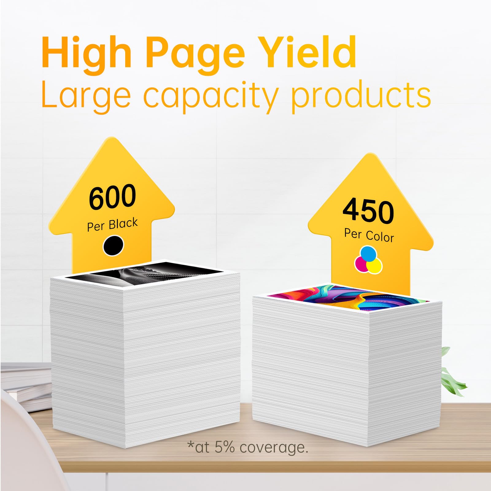 High Page Yield Display for HP 62XL Ink Cartridges:high page yield of HP 62XL ink cartridges, with 600 pages per black cartridge and 450 pages per color cartridge, ideal for high-volume printing.