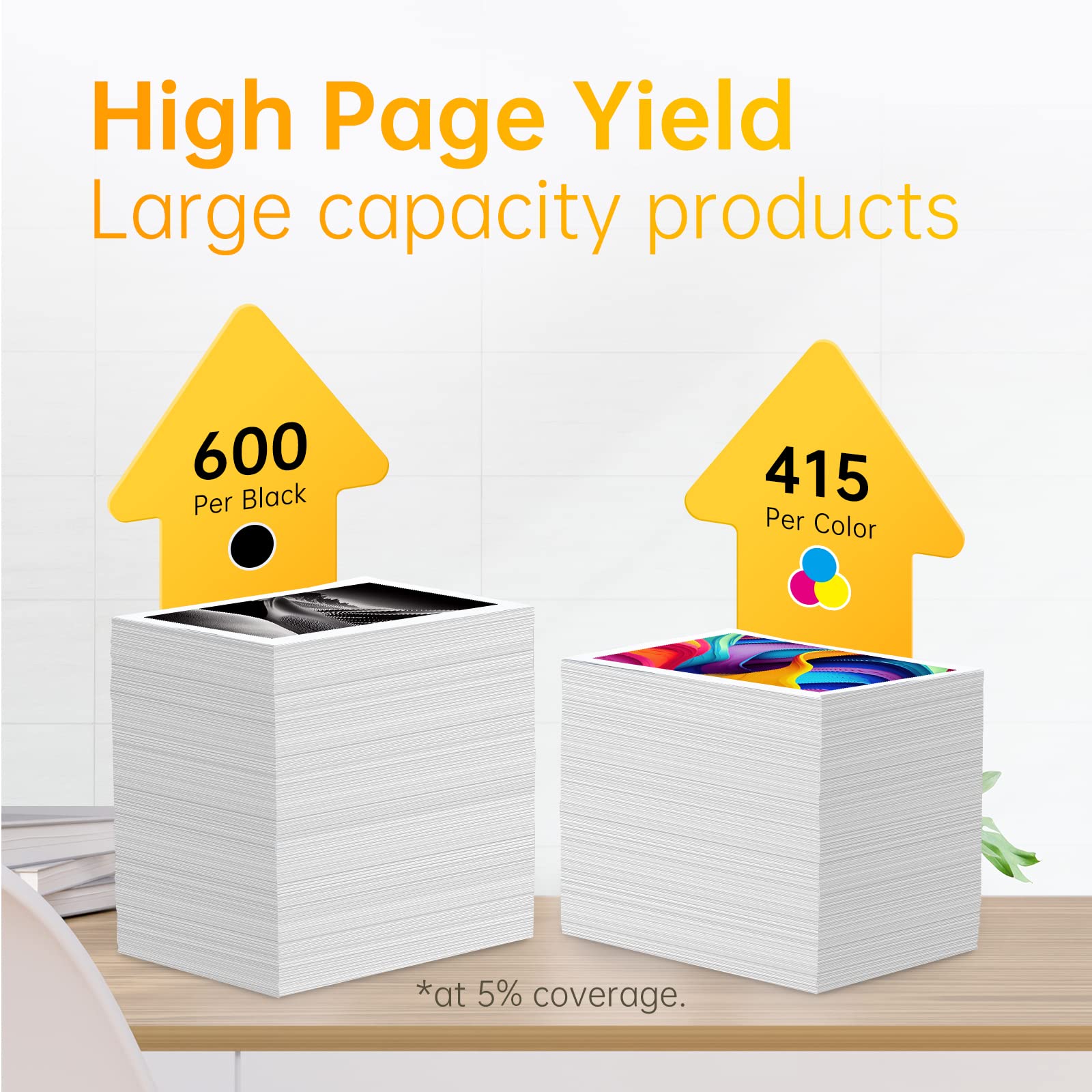 high page yield of HP 64XL ink cartridges, with 600 pages for black and 415 pages for color at 5% coverage, positioned over two large stacks of paper to illustrate capacity