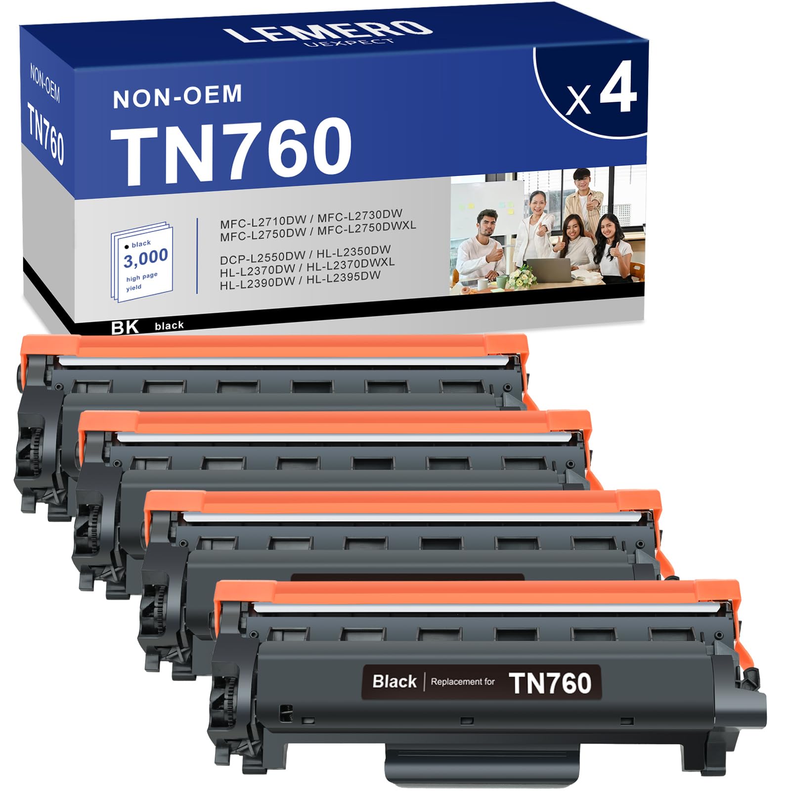 LEMERO non-OEM TN760 toner cartridges, compatible with multiple printer models.