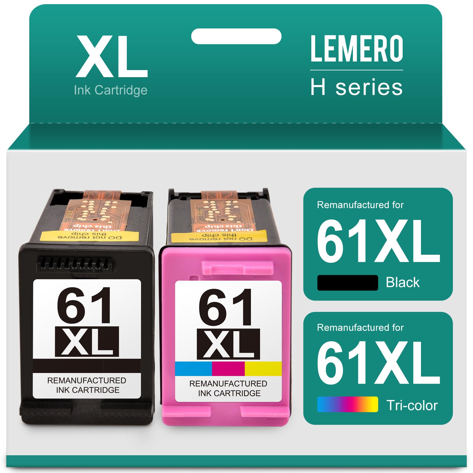 LEMERO HP 61XL Black and Tri-color Ink Cartridges:LEMERO remanufactured HP 61XL ink cartridges in new packaging, displaying one black and one tri-color cartridge, clearly labeled for easy identification.