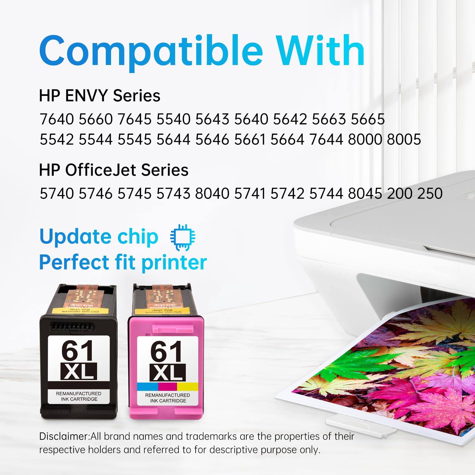 Printer Compatibility for LEMERO HP 61XL Ink Cartridges: "Comprehensive list of HP printer models compatible with LEMERO HP 61XL ink cartridges, featuring updated chip technology for a perfect printer fit, including models from the ENVY and OfficeJet series."
